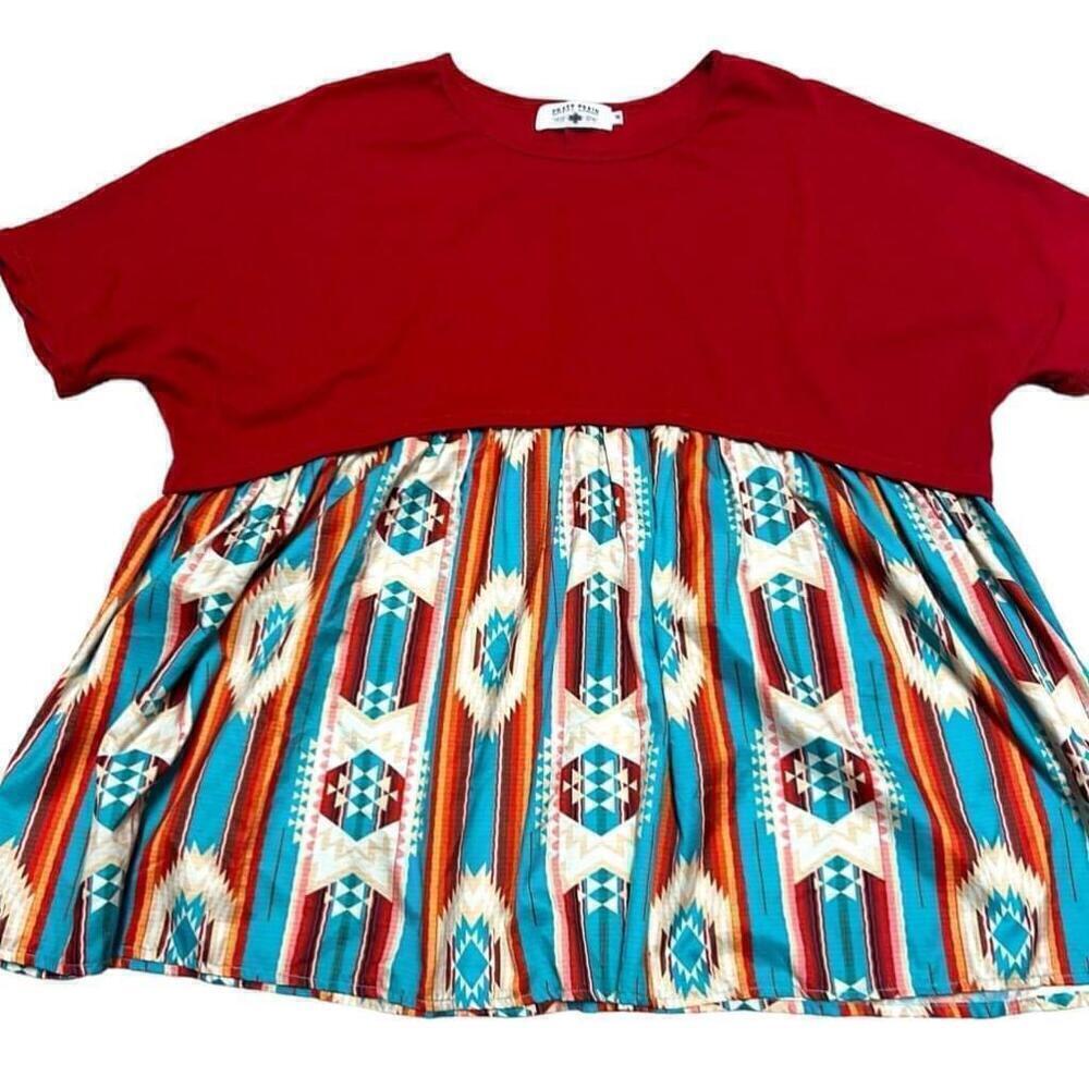 Crazy Train Red & Turquoise Tribal Print Oversized Boho WesternTop - Size M - Picture 9 of 11